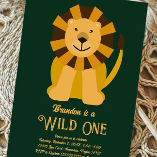Lion Wild One First Birthday Gold und Green Einladung