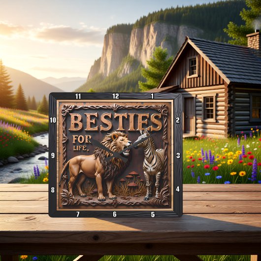 Lion Zebra Close Up Friends Quadratische Wanduhr