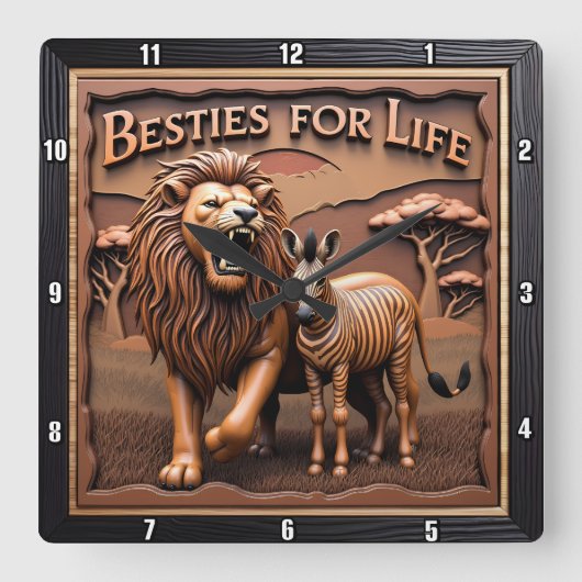 Lion Zebra Close Up Savanna Quadratische Wanduhr (Vorderseite)