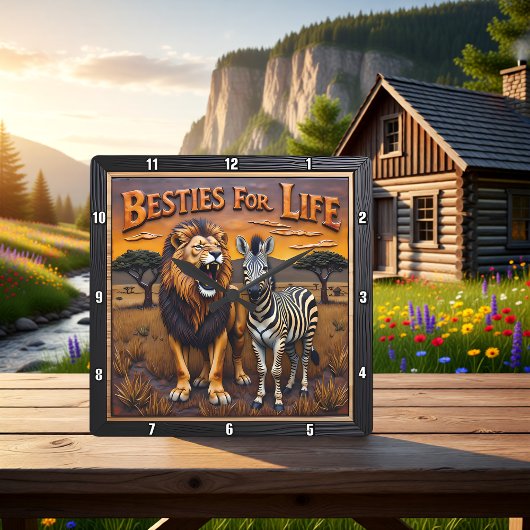 Lion Zebra Savanna Besties Quadratische Wanduhr