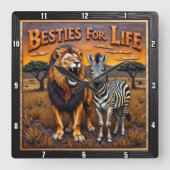 Lion Zebra Savanna Besties Quadratische Wanduhr (Vorderseite)