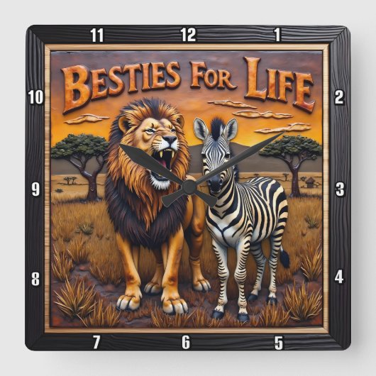 Lion Zebra Savanna Besties Quadratische Wanduhr (Vorderseite)