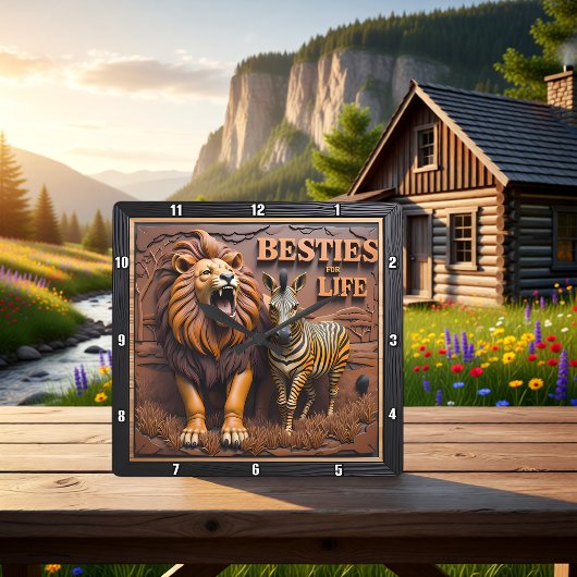 Lion Zebra Savanna Friendship Quadratische Wanduhr