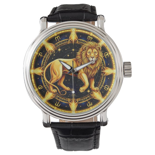 Lion Zodiac Symbol über Celestial Starry Backgroun Armbanduhr (Vorderseite)