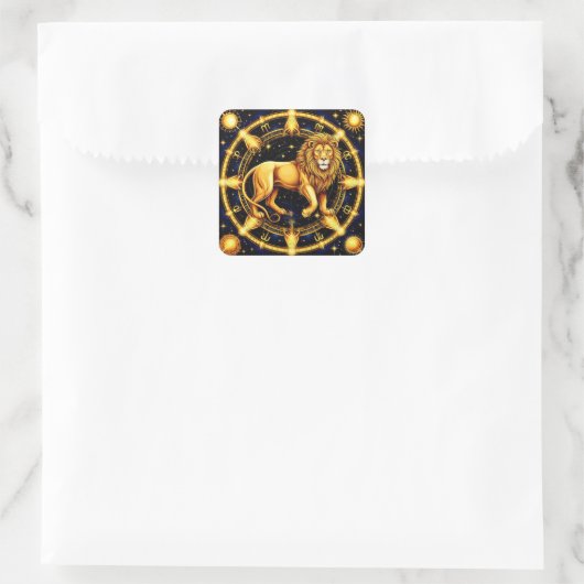 Lion Zodiac Symbol über Celestial Starry Backgroun Quadratischer Aufkleber (Tasche)