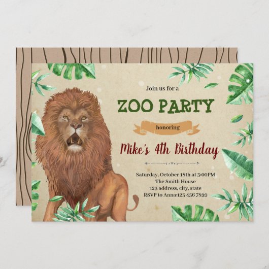 Lion zoo safari Geburtstag Einladung (Vorne/Hinten)