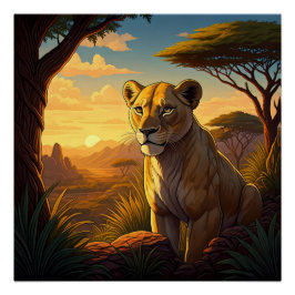 Lioness among a wilderness setting poster