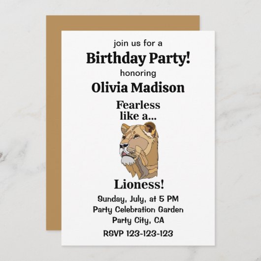 Lioness Animal Fearless Birthday Party Einladung (Vorne/Hinten)