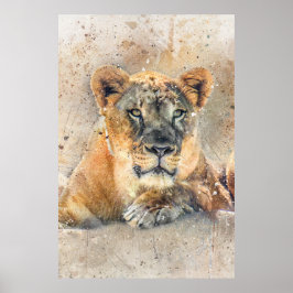 Lioness Face Watercolor Jungtier Poster