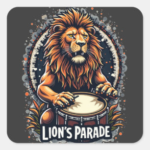 Lion's Drum Parade lustige Kunst : Majestic Lion P Quadratischer Aufkleber
