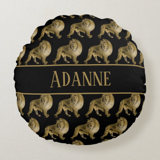 Lions Gold und Black Print Rundes Kissen (Vorderseite)