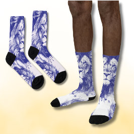 Lions Vintag Blue Pen Illustration Socken
