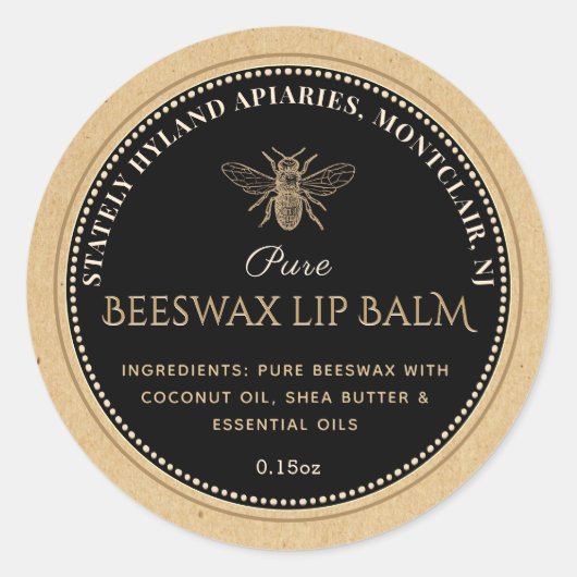 Lip Balm Label BLACK on KRAFT BeesWachs Runder Aufkleber (Vorderseite)