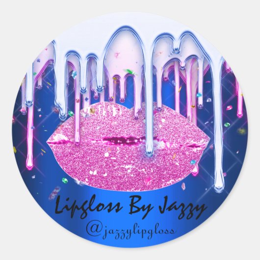 Lipgloss Makeup Pink Bluei Tropfen Packaging Glam Runder Aufkleber (Vorderseite)