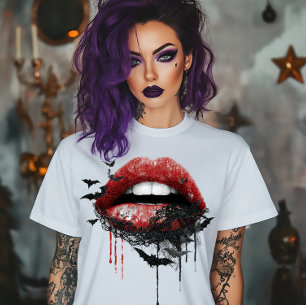 Lippen mit schwarzer Spitze und Fledermäusen T-Shirt