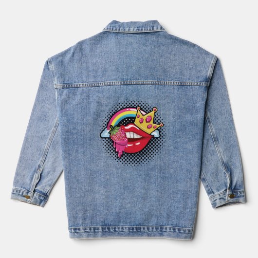 Lippen, Regenbogen, Erdbeere und Pop Kronen Kunst, Jeansjacke (Rückseite)