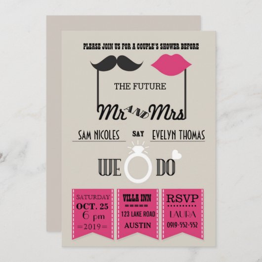 Lippen und Mustache Typografie Chic Polterabend Einladung (Vorne/Hinten)