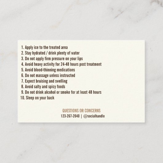 Lippenfüller Aftercare Instruction Business Card Visitenkarte (Rückseite)