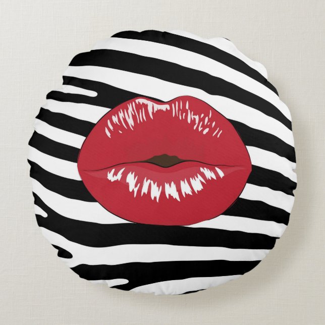 Lippenkußmodeschönheitsmake-upGlamour Zebra Rundes Kissen (Vorderseite)