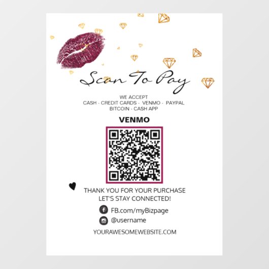 *~* LIPS-DIAMONDS Scan to PAY QR-Code Fensteraufkleber (Blatt)