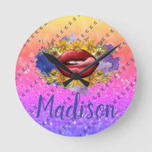 Lips Licking Custom Glitter Name Personalized Runde Wanduhr