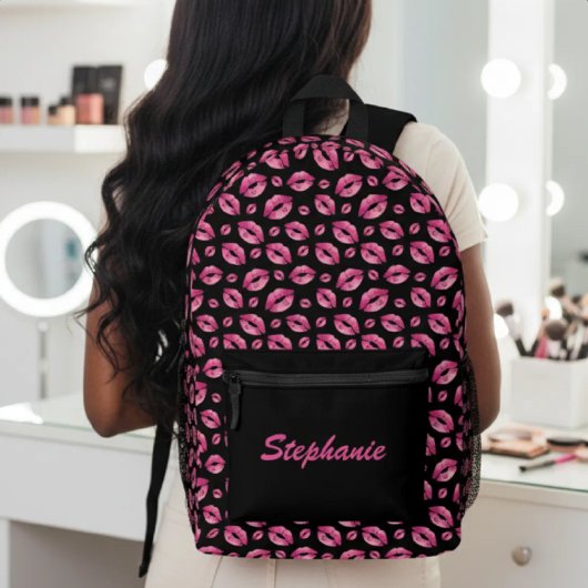 Lips Pattern Cute Pink & Black Bedruckter Rucksack