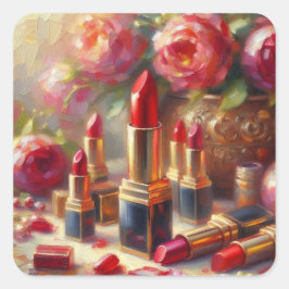 Lipstick & Blume Impressionistische Malerei Quadratischer Aufkleber