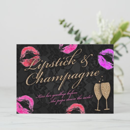 Lipstick & Champagne Bachelorette Einladung (Stehend Vorderseite)