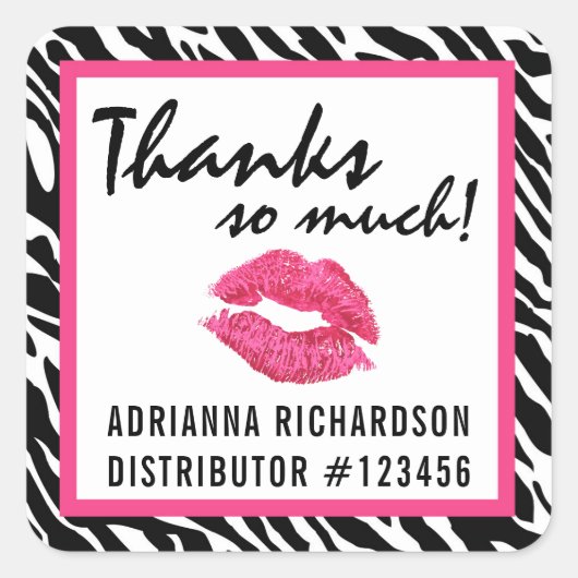 Lipstick Distributor Zebra Kiss Thank You Label Quadratischer Aufkleber (Vorderseite)