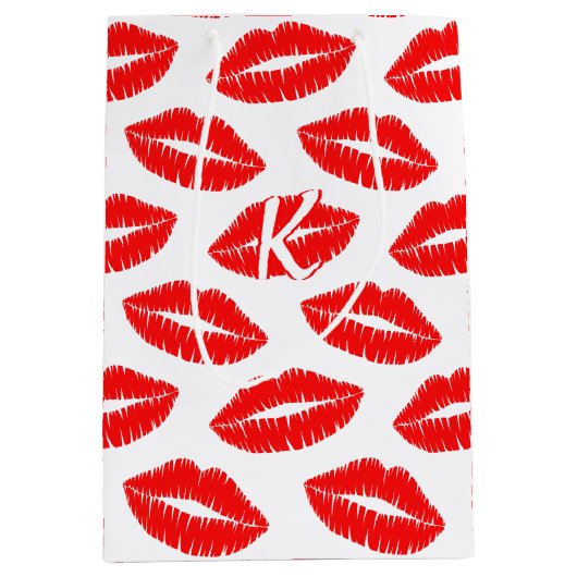 Lipstick Kiss Muster Rot und Weiß Mit Monogramm Mittlere Geschenktüte (Vorderseite)