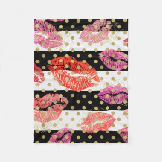 Lipstick Stains Küsse mit Streifen Gold Punkte Fleecedecke (Vorderseite)