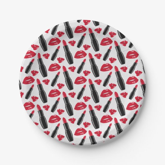 Lipstick und Lippen Polka-Dotmuster Pappteller (Vorderseite)