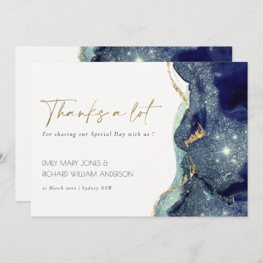 Liquid Abstrakt Ink Gold Navy Glitzer Wedding Dankeskarte (Vorne/Hinten)