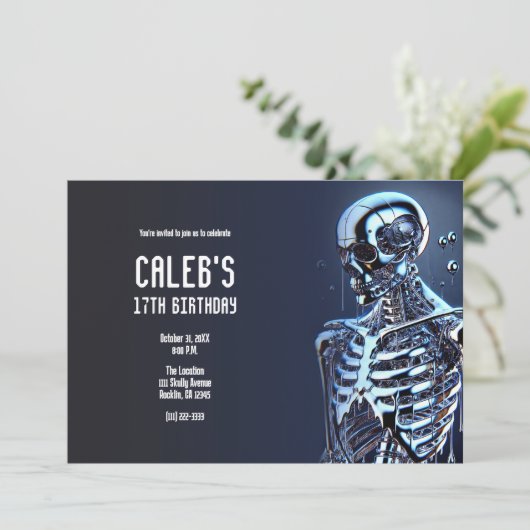 Liquid Chrome Silver Skeleton Robot Birthday Party Einladung (Stehend Vorderseite)