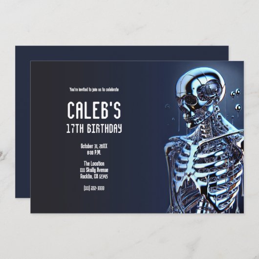 Liquid Chrome Silver Skeleton Robot Birthday Party Einladung (Vorne/Hinten)