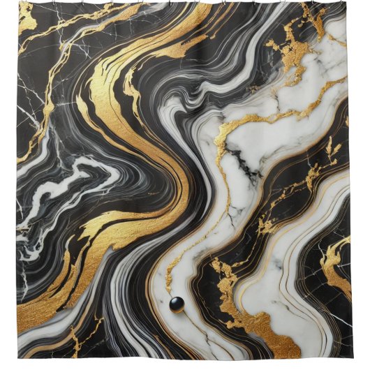 Liquid Gold Schwarz-weiß Marmor Look Glam Duschvorhang (Vorderseite)