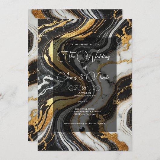 Liquid Gold Schwarz-weiß Marmor Look Glam Wedding Einladung (Vorne/Hinten)