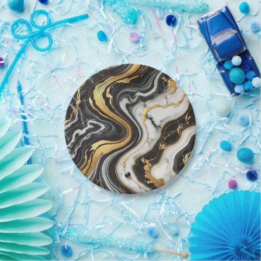 Liquid Gold Schwarz-weiß Marmor Look Glam Wedding Pappteller (Party)