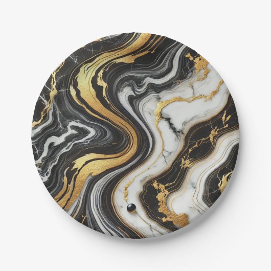 Liquid Gold Schwarz-weiß Marmor Look Glam Wedding Pappteller (Vorderseite)