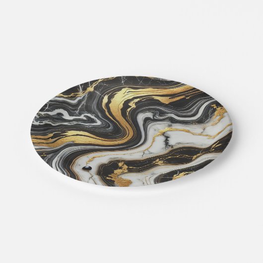 Liquid Gold Schwarz-weiß Marmor Look Glam Wedding Pappteller (Schrägansicht)