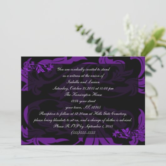 Liquid Lila Damask Goth Wedding Einladung (Stehend Vorderseite)