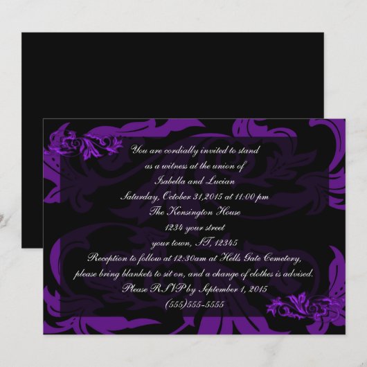 Liquid Lila Damask Goth Wedding Einladung (Vorne/Hinten)