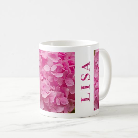 "Lisa" Name Spring Pink Hydrangea Blumenschrift Kaffeetasse (VorderseiteRechts)