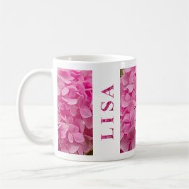 "Lisa" Name Spring Pink Hydrangea Blumenschrift Kaffeetasse