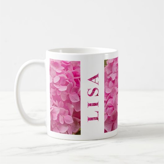 "Lisa" Name Spring Pink Hydrangea Blumenschrift Kaffeetasse (Links)