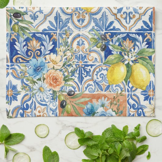 Lisbon Elegant Mediterranean Lemon Tile Pattern Geschirrtuch (Gefaltet)