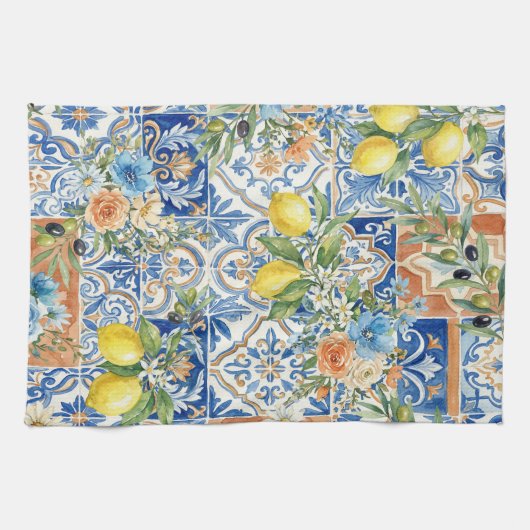 Lisbon Elegant Mediterranean Lemon Tile Pattern Geschirrtuch (Horizontal)