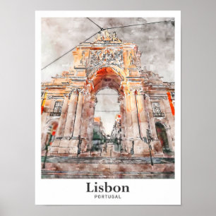 Lissabon Architektur Reise Aquarell Handgezeichnet Poster