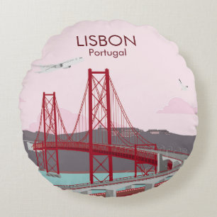 Lissabon-Brücke über den Tejo im Vintage-Stil Rundes Kissen