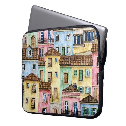 Lissabon-Häuser: Aquarellfarben-Muster. Laptopschutzhülle (Vorderseite Links)